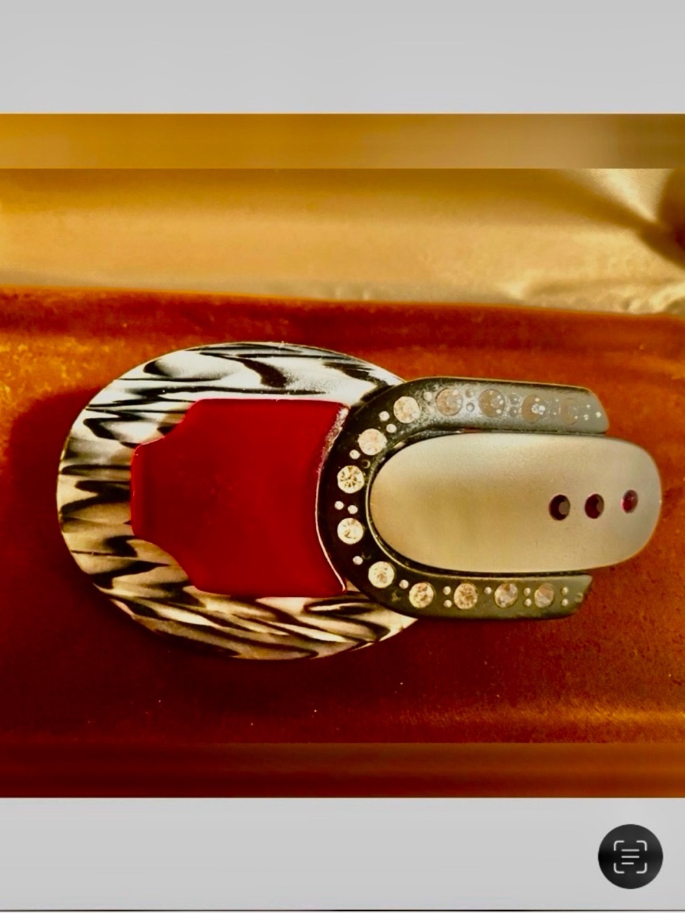 French Red and Black Zebra Resin Barrette with Rhinestones Made in France